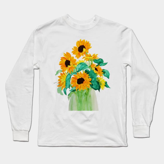 sunflower in a green watercolor Long Sleeve T-Shirt by colorandcolor